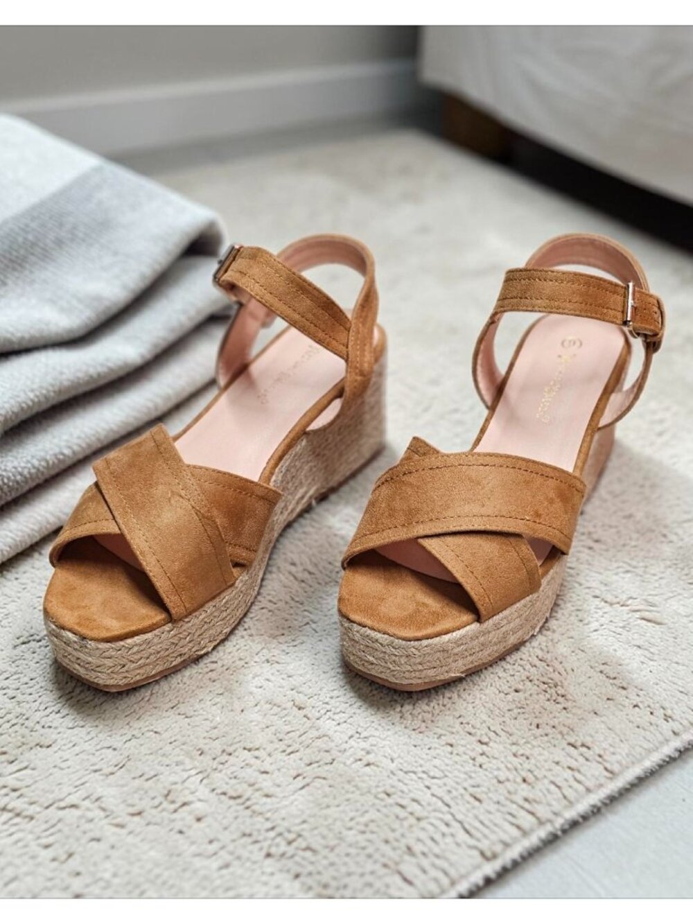 Camel Suede Espadrille Wedge Sandals With Ankle Strap & Buckle Closure For Women - Picture 6 of 13